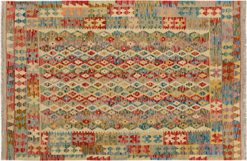 Flat Weave Kilim, Antique, Navaho, Vintage, Handmade, Geometric Kilim Beige Blue Hand-Woven Rectangle 100% Wool Area Rug 5 x 7